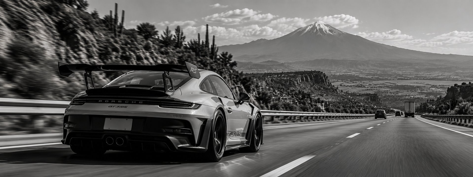 Porsche GT3 RS en carretera al pie de un volcán